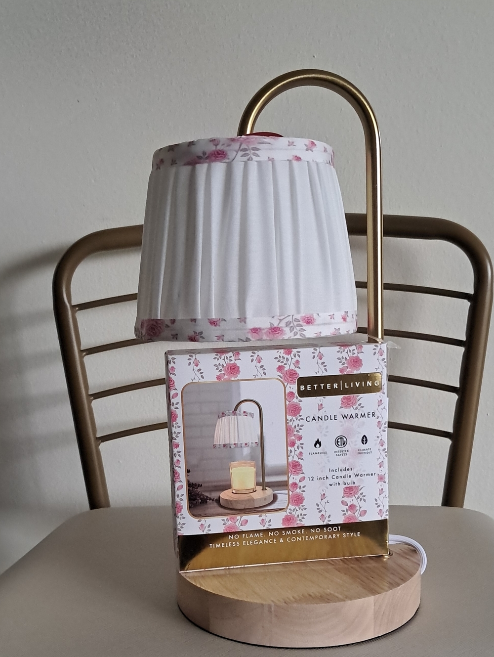 Pink Floral Candle Warmer with Gold Arm and Wood Base